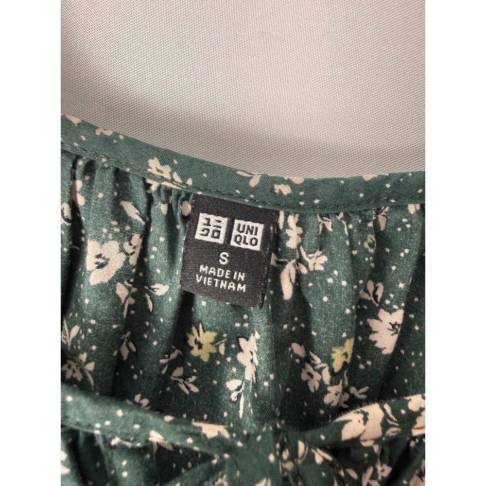 Uniqlo Size S Green Floral Volume Sleeve Midi Dress 100% Cotton Pockets - Picture 5 of 10